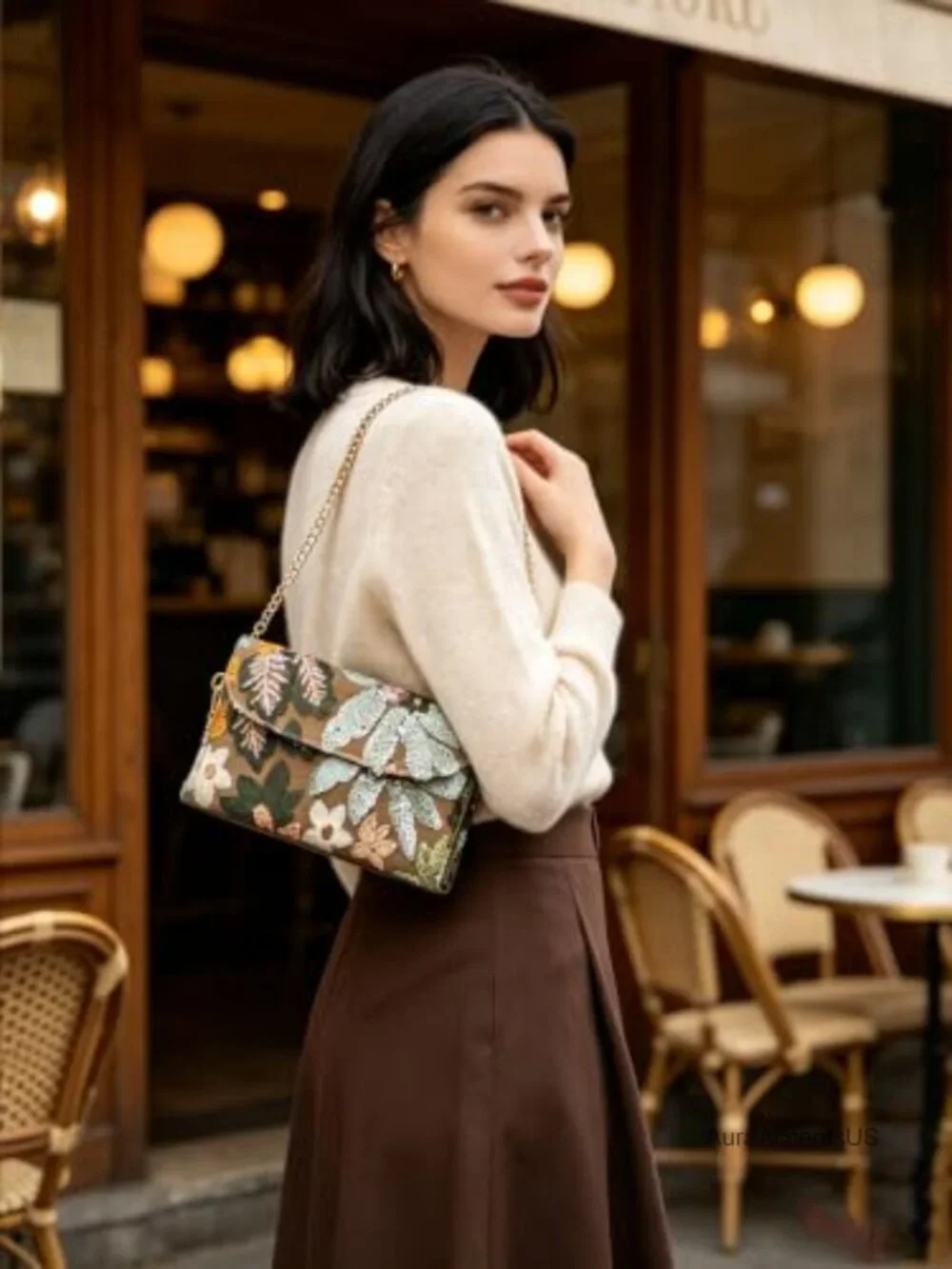 Floral Embroidered Sequin Beaded Clutch Evening Bag with Chain
